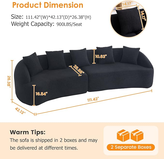 111" Boneless Sofa Couch 4 Seater, Modern Oversized Curved Couch, Luxury Wood Grain Chenille Fabric, Deep Seat Sectional Couches for Living Room (Black, 111")