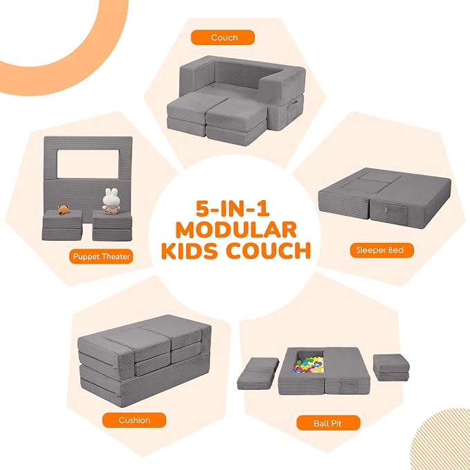 MeMoreCool Modular Kids Couch – Light Grey Foam Play Sofa Bed Convertible Toddler Couch | Soft Corduroy Cover | Washable | Bedroom & Playroom Furniture