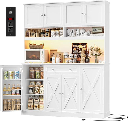 HIFIT 72.8” Tall Kitchen Pantry Cabinet with LED & Charging Station, 55” Wide Farmhouse Pantry Storage Cabinet with Microwave Stand&Shelves&Barn Doors, Kitchen Hutch Coffee Bar for Living Room, White