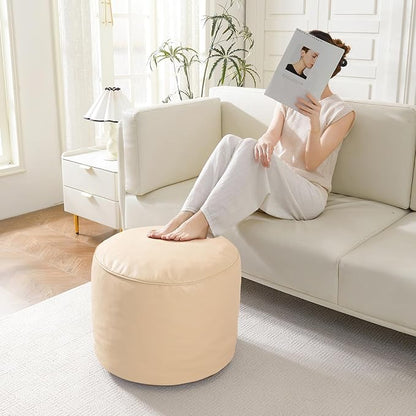 HIGOGOGO Round Stuffed Pouf Ottoman, Pu Leather Poufs with Foam Chunk Filling, Furry and Fluffy Pouf Foot Stool Storage Ottoman, 26 X 18 Floor Poufs Foot Rest for Living Room, Beige