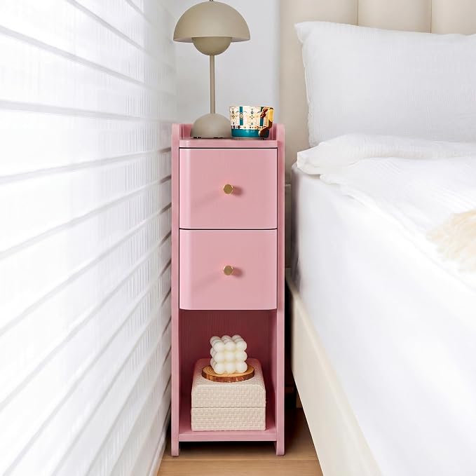 Pink Narrow Nightstand, Wooden Small 2 Drawer Nightstand, Slim Side End Table, Skinny Bedside Table, Mid Century Modern Night Stand with Drawers, for Living Room (Pink-1 pc)