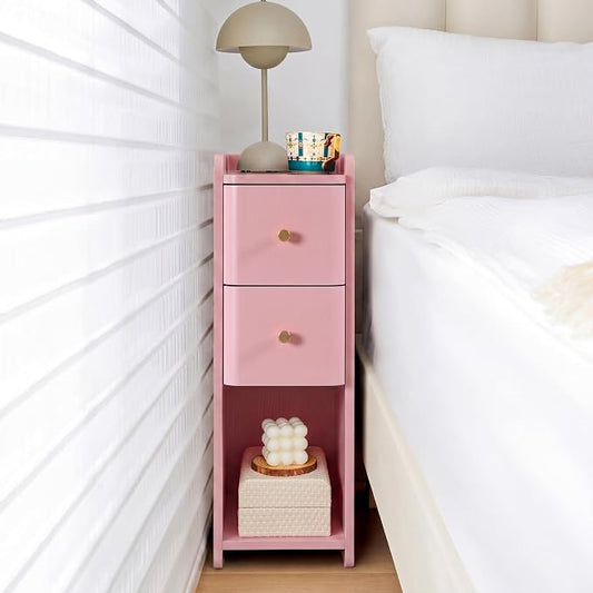 Pink Narrow Nightstand, Wooden Small 2 Drawer Nightstand, Slim Side End Table, Skinny Bedside Table, Mid Century Modern Night Stand with Drawers, for Living Room (Pink-1 pc)
