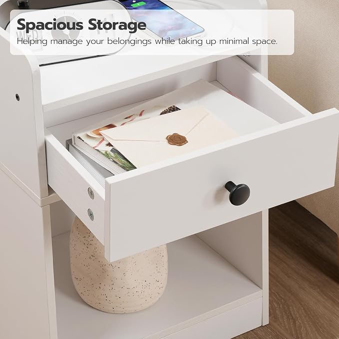 HOOBRO Nightstand with Charging Station, End Table with Drawer and Opening Shelf, Bedside Table with USB Ports and Outlets, Small Night Stand for Bedroom, Simple Style, White WT18UBZ01