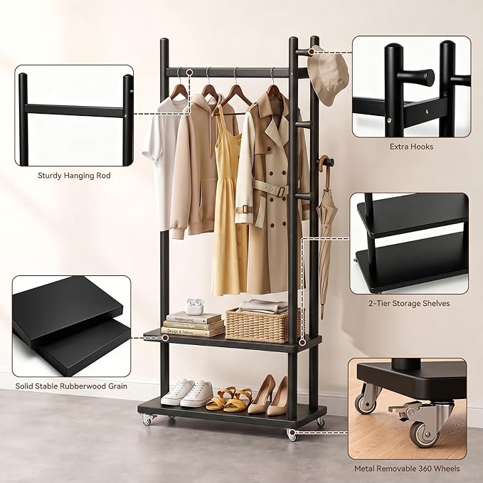 Taitiy Solid Wood Coat Rack Freestanding, Coat Rack Stand with 2 Shelves & 4 Hooks, Coat Tree for Entryway, Hallway, Bedroom, Living Room, Office - Clothing Rack for Coats, Hats, Bags (Black-L-Wheel)