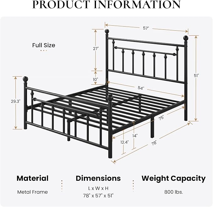 SHA CERLIN 14" Full Size Metal Platform Bed Frame/Victorian Headboard and Footboard/Steel Slats Mattress Foundation for Storage/No Box Spring Needed/Noise Free/Black