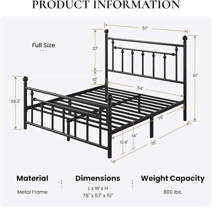 SHA CERLIN 14" Full Size Metal Platform Bed Frame/Victorian Headboard and Footboard/Steel Slats Mattress Foundation for Storage/No Box Spring Needed/Noise Free/Black