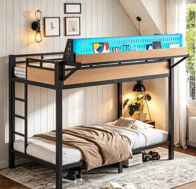 Bellemave Bunk Bed Twin XL Over Twin XL，Metal Bunk beds with Storage Shelves USB Ports and LED Lights, Natural