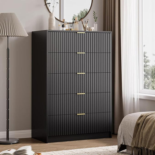 MAISONARIA 3-Piece Dresser Bedroom Set, 5 Drawer Dresser & 3 Drawer Nightstands with Gold Handles, Fluted Wood Chest of Drawers for Bedroom, Living Room, Entryway, Black