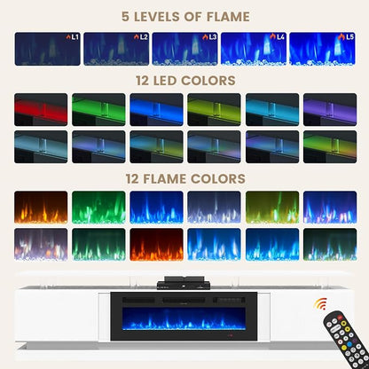 80" Fireplace TV Stand, Modern Entertainment Center for TVs Up to 90", TV Console with Storage Cabinets, Media Console for Living Room, White TV Stand and Black Fireplace