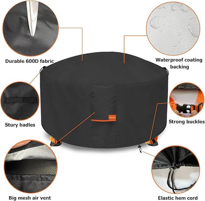 Fire Pit Cover,Outdoor Heavy Duty 600D 100% Waterproof Fire Pit Cover Round,Weatherproof Firepit Covers Round 50" Dia x 24" H,Black