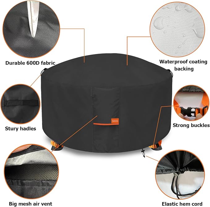 Fire Pit Cover,Outdoor Heavy Duty 600D 100% Waterproof Fire Pit Cover Round,Weatherproof Firepit Covers Round 44" Dia x 24" H,Black