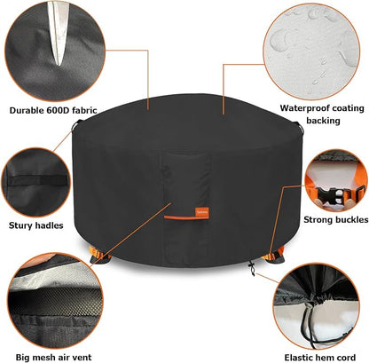 Fire Pit Cover,Outdoor Heavy Duty 600D 100% Waterproof Fire Pit Cover Round,Weatherproof Firepit Covers Round 32" Dia x 16" H,Black