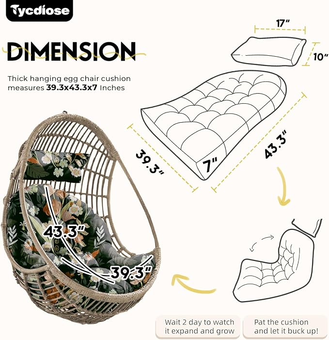 Outdoor Hanging Egg Chair Cushion Replacement, Extra Large Waterproof Egg Swing Cushions with Headrest Pillow and Ties, U-Shaped Thickened Cushion for Hanging Eggs Chair (Green Floral)
