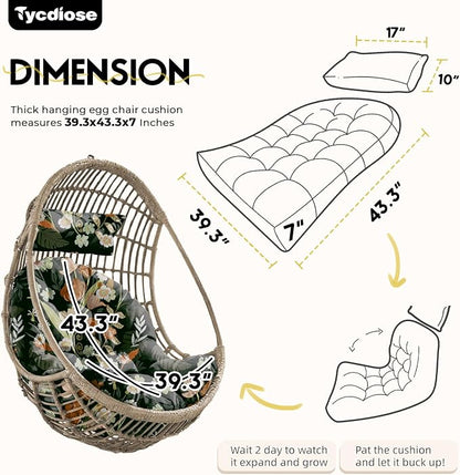 Outdoor Hanging Egg Chair Cushion Replacement, Extra Large Waterproof Egg Swing Cushions with Headrest Pillow and Ties, U-Shaped Thickened Cushion for Hanging Eggs Chair (Green Floral)