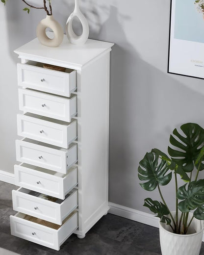 Tall Skinny Dresser for Bedroom with 7 Drawers, White Narrow Wood Dresser | Tall Vertical Chest of Drawers Dresser for Closet Storage, Silent Glide System, Zinc Alloy Knobs, 20" W x 16.5" D x 52" H