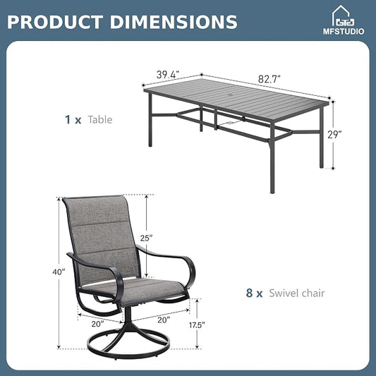 MFSTUDIO Outdoor Dining Set for 8, Patio Table and Chairs Set with Umbrella Hole, 9 Piece Patio Furniture Dining Set for Deck Yard Poolside | Rectangular metal table & swivel chairs, Umbrella hole, for deck garden poolside, All weather reistant