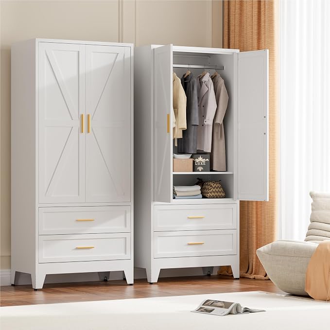 LCAOPC 71" Tall Metal Wardrobe Cabinet with 2 Drawers and Hanging Rod, 2 Doors Armoire Wardrobe Closet with Shelf for Bedroom, Office, Laundry Room, White