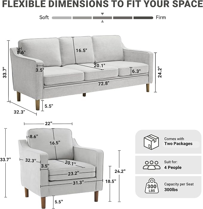 Kingfun Couch Sets for Living Room, 3 Seater Couch and Armchair, Mid Century Modern Sofa Set, Chenille Couch with Solid Wood Frame for Bedroom
