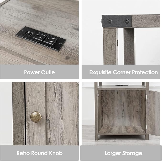 Farmhouse Nightstand Set of 2 with Charging Station, Rustic End Table Bedroom with Storage Living Room Side Table Dark Oak Night Stand Industrial Bedside Bed Table with USB Ports and Outlets