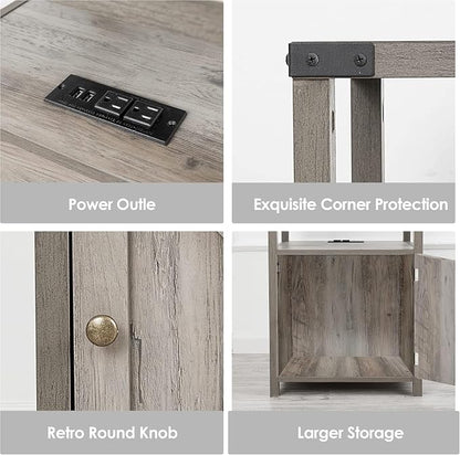 Farmhouse Nightstand Set of 2 with Charging Station, Rustic End Table Bedroom with Storage Living Room Side Table Dark Oak Night Stand Industrial Bedside Bed Table with USB Ports and Outlets