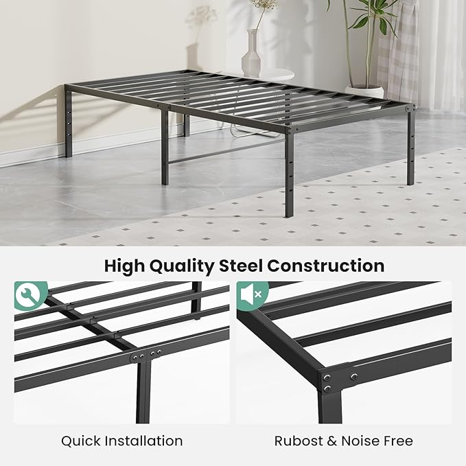 Sweetcrispy Twin Size 18 Inch Platform Bed Frame, Heavy Duty Metal Foundation Frame, Noise-Free Sturdy Steel Slats, Underbed Storage, No Box Spring Needed, Quick Setup