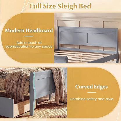 Giantex Full Bed Frame with 2 Storage Drawers, Wood Platform Bed with Headboard & Footboard, Wooden Slats Support Mattress Foundation, Sleigh Bedframe for Teens Adults, No Box Spring Needed (Grey)