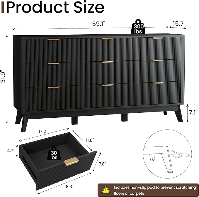 SUNWAVE 9 Drawer Dresser for Bedroom, 59.1" Large Fluted Dresser with Round Corner, Modern Dressers Wood Chest of Drawer for Living Room (Black)