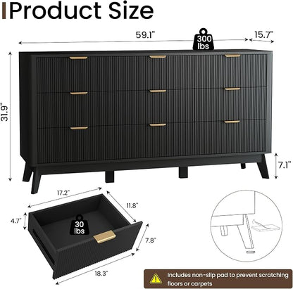 SUNWAVE 9 Drawer Dresser for Bedroom, 59.1" Large Fluted Dresser with Round Corner, Modern Dressers Wood Chest of Drawer for Living Room (Black)