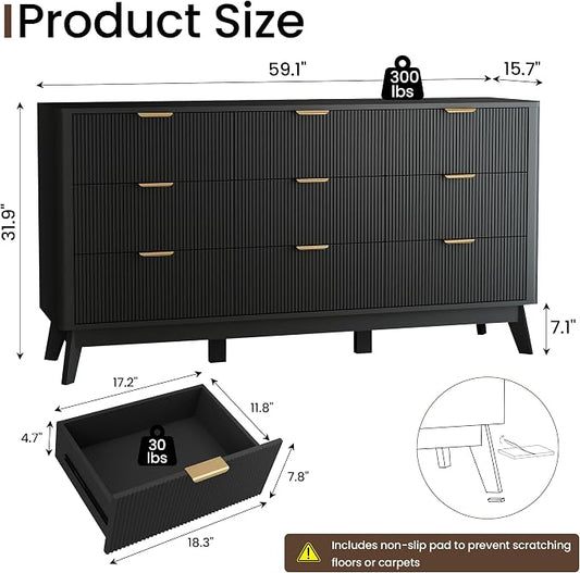 SUNWAVE 9 Drawer Dresser for Bedroom, 59.1" Large Fluted Dresser with Round Corner, Modern Dressers Wood Chest of Drawer for Living Room (Black)