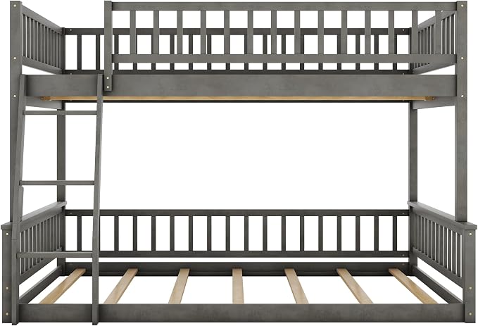 Full XL Over Queen Bunk Bed with Safety Guardrails, Solid Wood Floor Bunk Bed Frame with Sturdy Slat Support for Kids Teens Adults, Detachable Design (Grey-tra)
