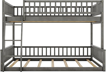 Full XL Over Queen Bunk Bed with Safety Guardrails, Solid Wood Floor Bunk Bed Frame with Sturdy Slat Support for Kids Teens Adults, Detachable Design (Grey-tra)