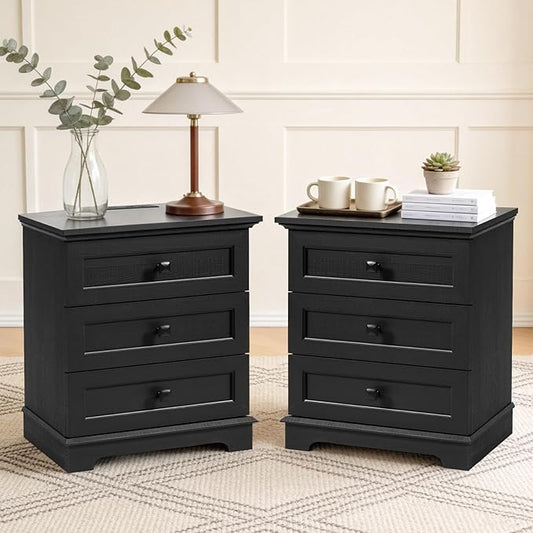 20-Inch Wide Modern Nightstands Set of 2 with Charging Station, End Tables with 3 Large Drawers, Simple Design Bedside Table for Bedroom and Office,Black