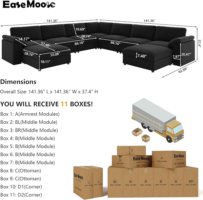 EASE MOOSE Oversized L Shaped Sectional Modular Sofa,Large U Shaped Sectional Couch Wide Deep Seat Modular Cloud Couch for Big Spaces Living Room