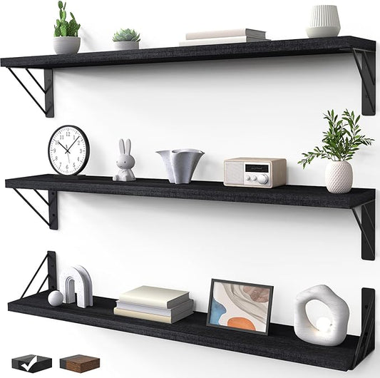 BAYKA Wall Mounted Floating Shelves, Wood Floating Wall Shelf for Books & Decor, Small Space-Saving Display & Organizer（Black，36in，Set of 3）