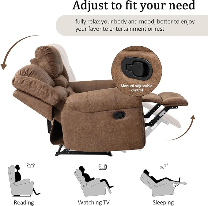 CANMOV Manual Reclining Sofa Set,Faux Leather Manual Recliner Loveseat and Recliner Chair with Overstuffed Armrest for Living Room,Bedroom Furniture,Office,Nut Brown