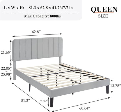 VECELO Queen Size Bed Frame with Upholstered Headboard, Velvet Platform Bedframe Mattress Foundation, Strong Wood Slat Support, No Box Spring Needed,Light Grey