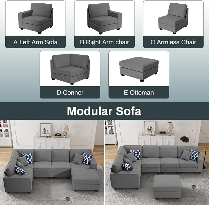 Legend Vansen Oversized Modular Sectional Sofa,U/L‑Shaped Reversible Couch with Ottoman,Deep Seat Plush Polyester Sofa for Living Room,6‑Seater,Dark Grey