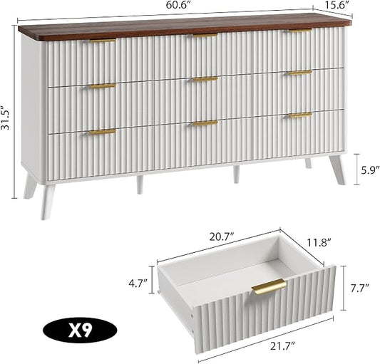 GarveeHome Fluted Dresser for Bedroom with 9 Deep Drawers, 60.6 in Wide Modern Chest of Drawers, Wooden Dresser TV Stand, Curved Profile Design, for Living Room, Kids Room, Hallway, White