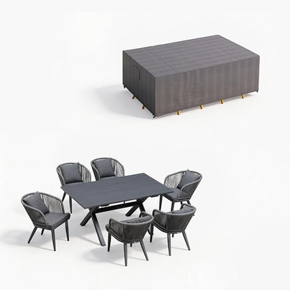 PURPLE LEAF 7 Pieces Patio Dining Set with Waterproof Furniture Cover Rectangular Table and Chairs Set for Garden Deck Aluminum Frame Backyard Kitchen Set, Cushions and Pillows Included Grey