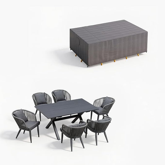 PURPLE LEAF 7 Pieces Patio Dining Set with Waterproof Furniture Cover Rectangular Table and Chairs Set for Garden Deck Aluminum Frame Backyard Kitchen Set, Cushions and Pillows Included Grey