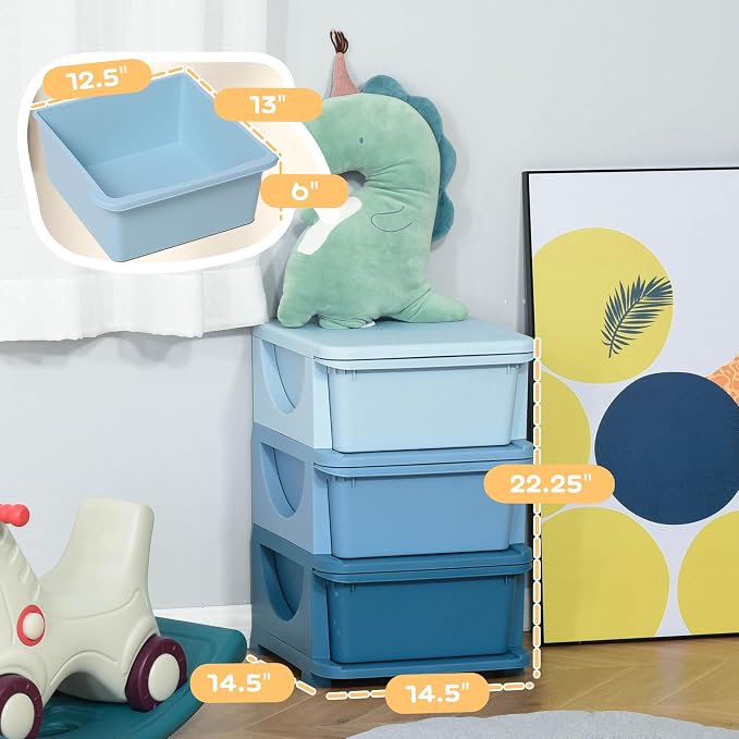 Qaba 3 Drawers Kids Storage Unit, 3 Tier Stackable Toy Organizers and Storage Chest for Bedroom, Nursery, Playroom, Living Room, Boys, Girls, Toddlers, Blue