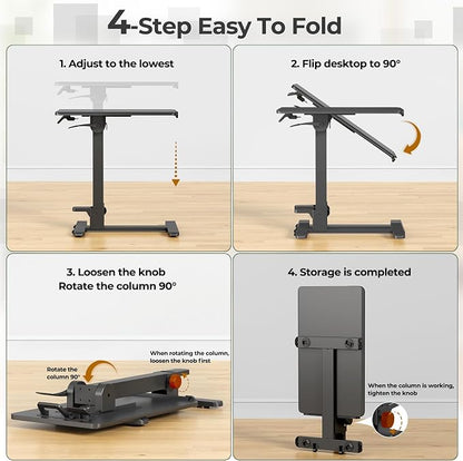 Foldable Mobile Standing Desk, 27 Inch Small Rolling Laptop Cart Height Adjustment, 90° Tiltable Sofaside Table, No Assembly Needed Portable Computer Workstation, Black