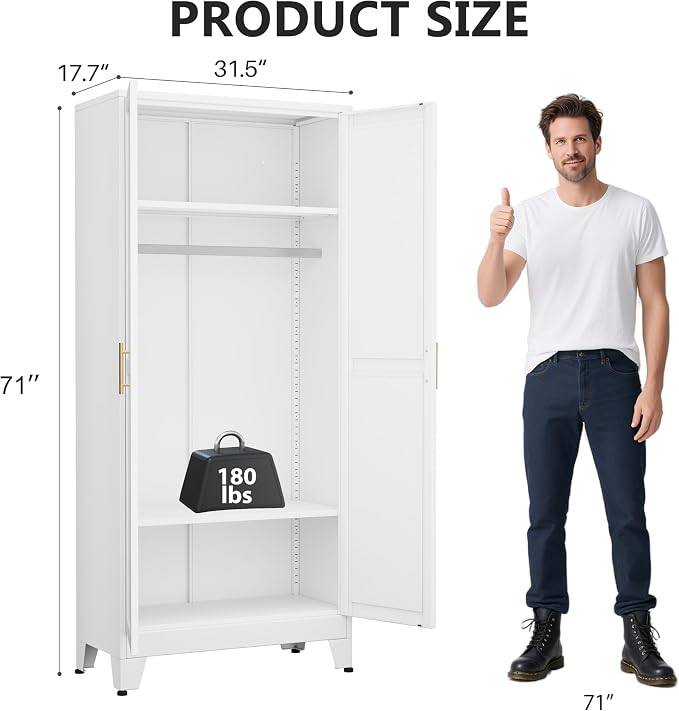 Metal Armoire Wardrobe Closet Storage Cabinet with 2 Doors White, 71'' Wardrobe Cabinet with Hanging Rod Metal Closet with 2 Adjustable Shelves for Bedroom, Laundry Room, Cloak Room