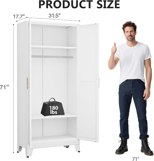 Metal Armoire Wardrobe Closet Storage Cabinet with 2 Doors White, 71'' Wardrobe Cabinet with Hanging Rod Metal Closet with 2 Adjustable Shelves for Bedroom, Laundry Room, Cloak Room