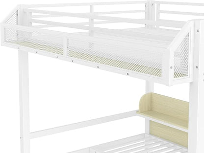 Bellemave Bunk Bed Queen Over Queen，Metal Bunk beds with Storage Shelves and Drawers USB Ports and LED Lights, Lower Bed That can be Converted into a Sofa, White