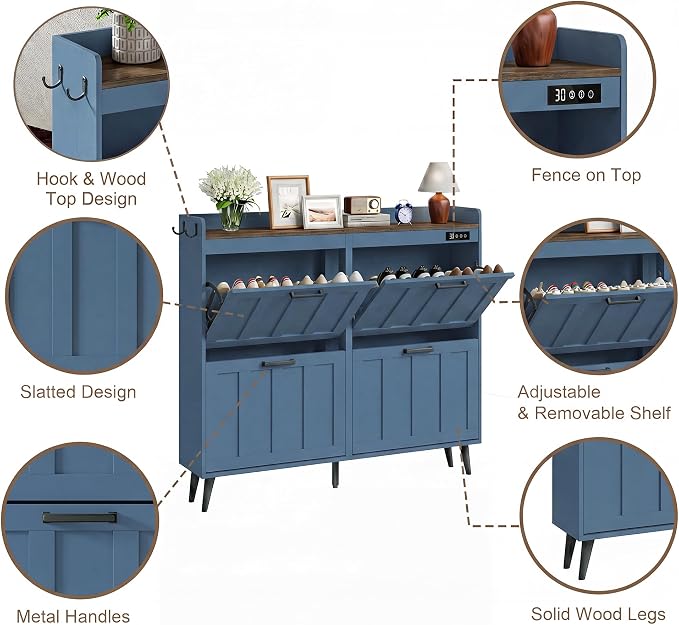 ChooChoo Shoe Storage Cabinet with 4 Flip Drawers, Deodorizing Shoe Organizer Storage for Entryway, Freestanding Hidden Slim Narrow Shoe Rack Cabinet, Blue