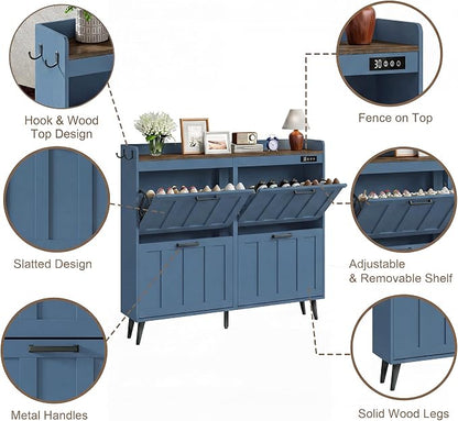 ChooChoo Shoe Storage Cabinet with 4 Flip Drawers, Deodorizing Shoe Organizer Storage for Entryway, Freestanding Hidden Slim Narrow Shoe Rack Cabinet, Blue