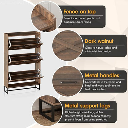Maupvit Shoe Storage Cabinet with 3 Flip Drawers, Freestanding Organizer with Metal Legs for Entryway, Narrow Shoe Rack Cabinet, Dark Walnut