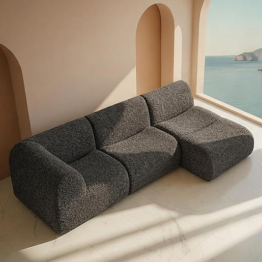 Curved Sectional Modular Couch with Chaise, Modern 105.91'' Boneless Sofa with Deep Seat, Sherpa Boucle Cloud Couch for Living Room, Cozy Teddy L-Shaped Couches, No Assembly, Gray