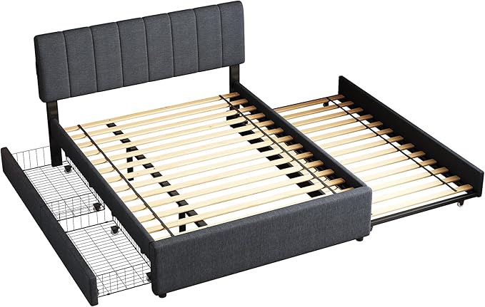 Full Size Upholstered Platform Bed w/Trundle Bed & 2 Storage Drawers | Twin Size Trundle,Two Drawers,LED Lighting Controlled by APP, USB+Type-C Charging Ports,Linen Upholstered Bed Frame,Dark Grey